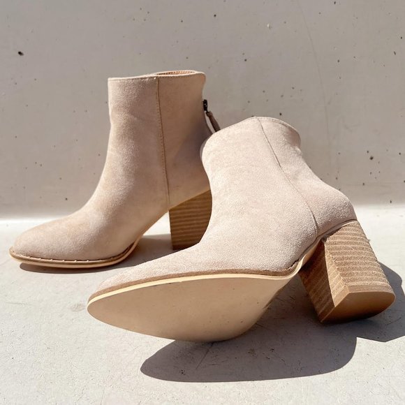 NEW Taupe Faux Suede Pointed Toe Rivet Mini Studded Block Heel Ankle Bootie Boot - Picture 7 of 16